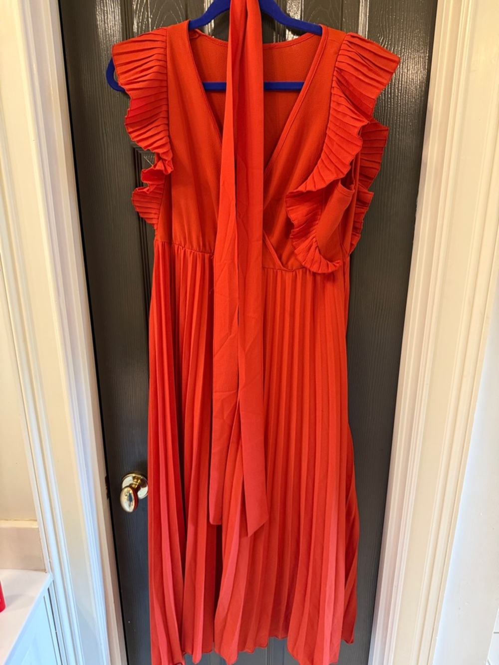 Women's burnt orange Pleated Midi Dress with Ruffle Sleeves and Tie Neck